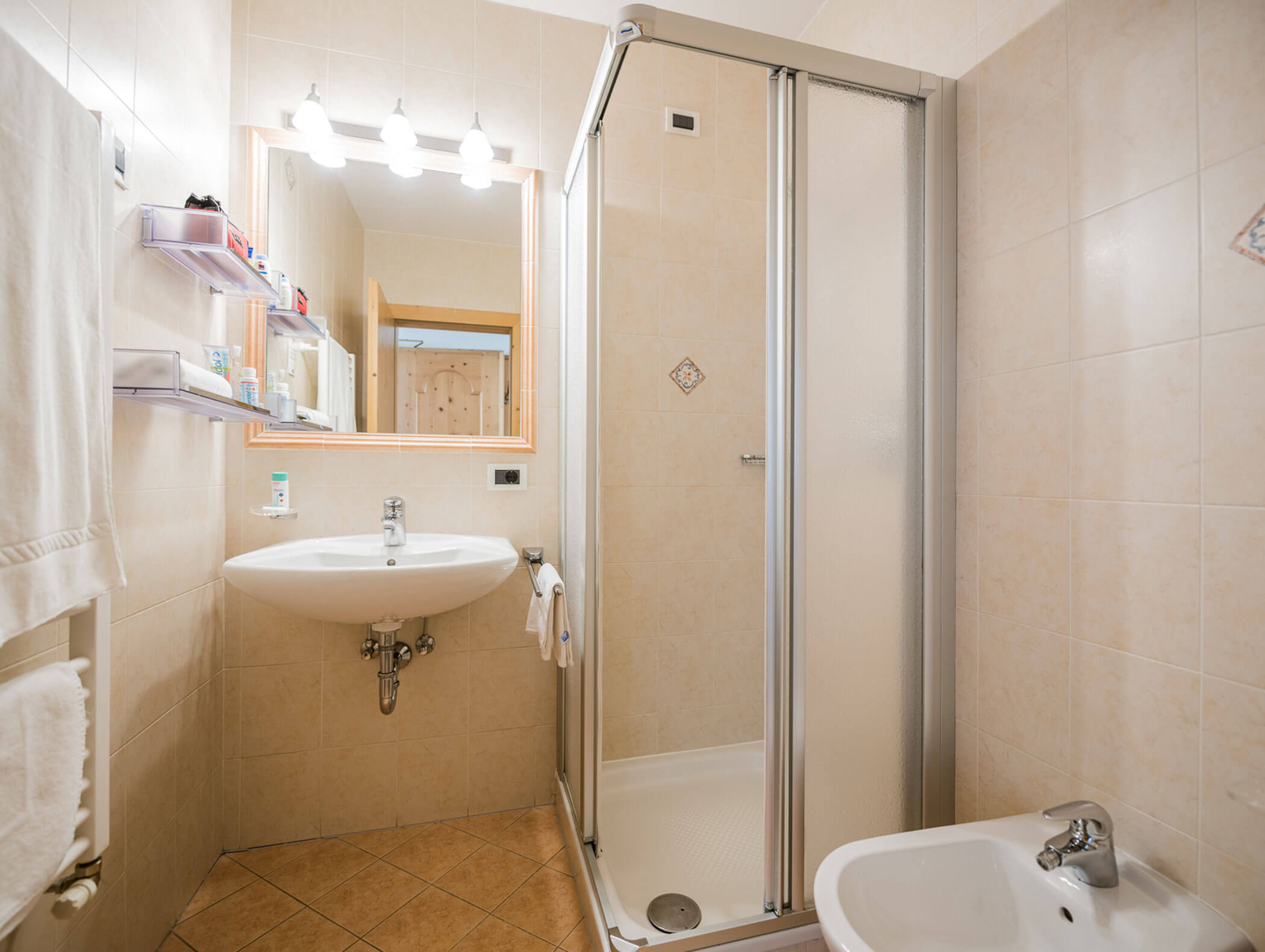 Bathroom with shower, bidet, washbasin and mirror - Wirtshaushotel Alpenrose