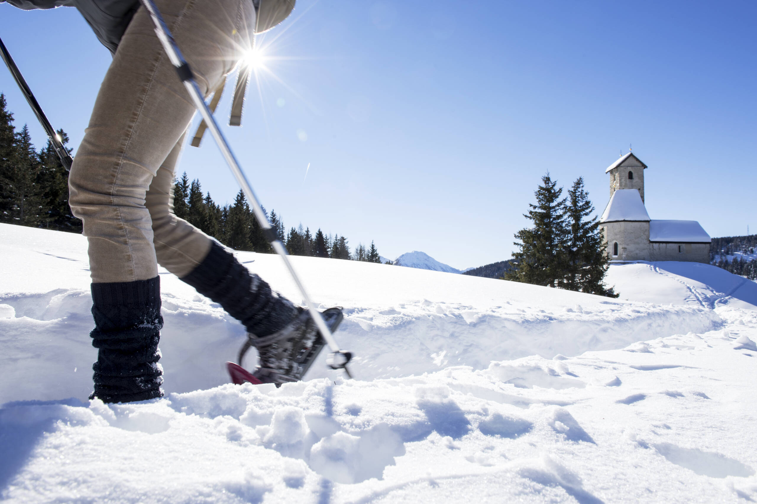 Aussicht, Berge, Kirche, Lana, Schnee, Schneeschuhwandern, Wald, Winter, Winterwandern