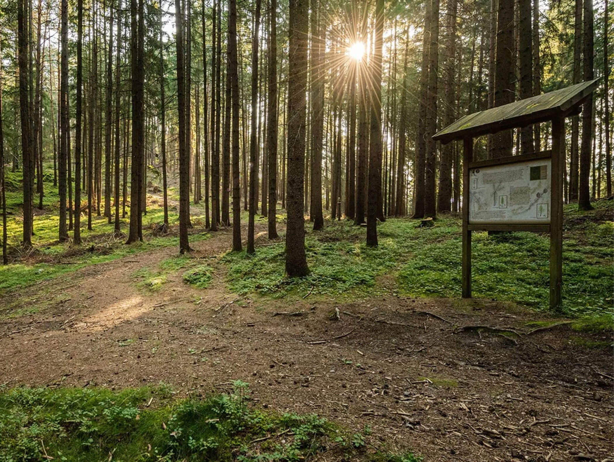 Mansio Sebatum hiking trail in San Lorenzo with signpost in the foreground and sun between the trees in the background - Wirtshaushotel Alpenrose