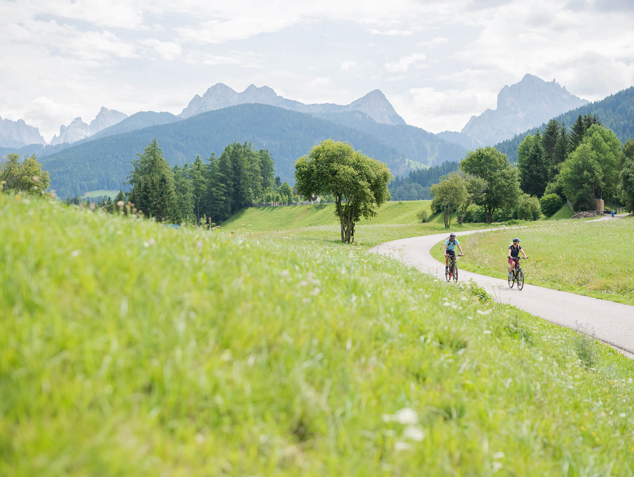 Two cyclists in summer with a green meadow in the foreground and mountains in the background - Wirtshaushotel Alpenrose