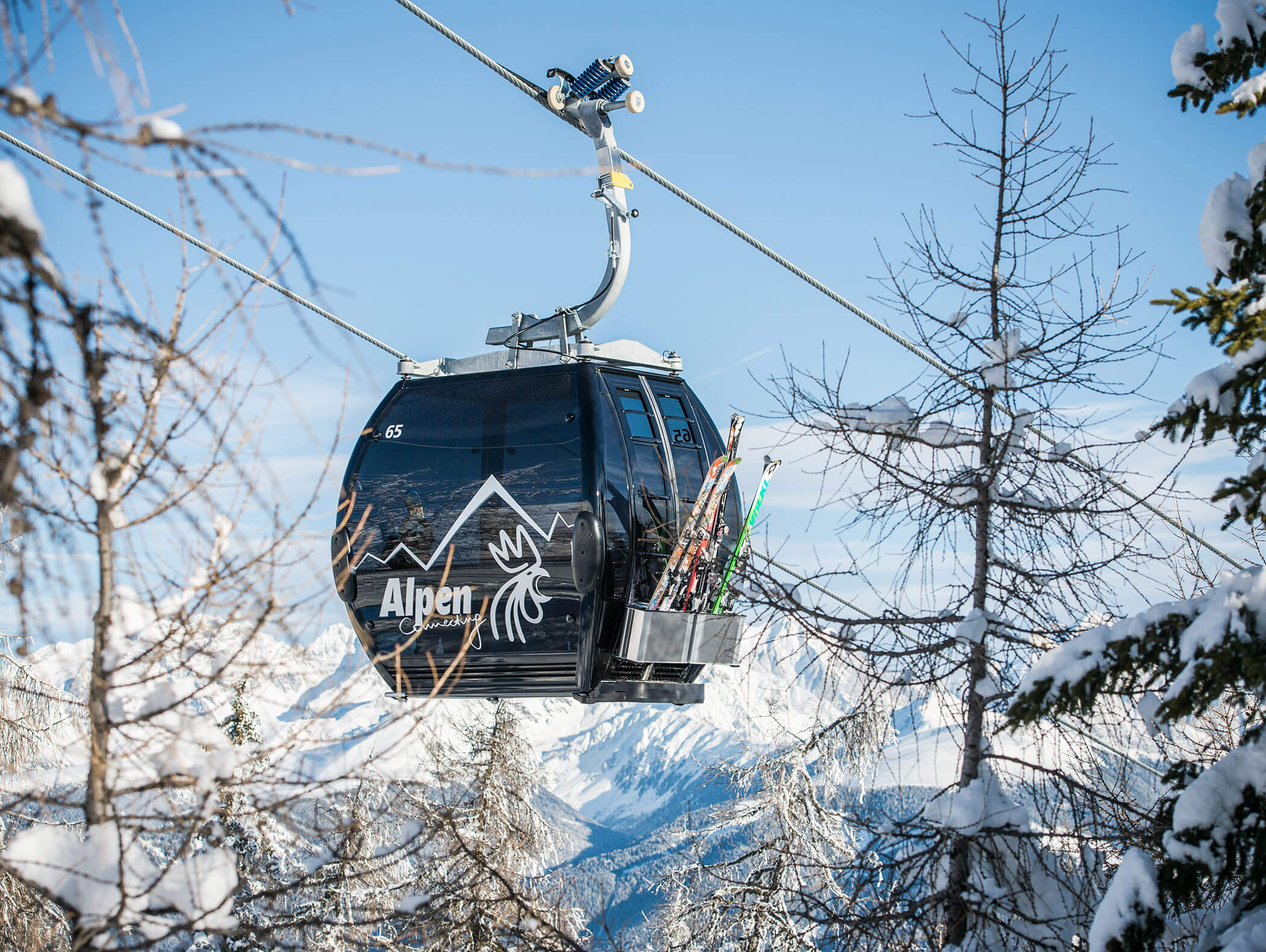 Gondola lift from Plan de Corones with skis between the trees against the mountain backdrop - Wirtshaushotel Alpenrose